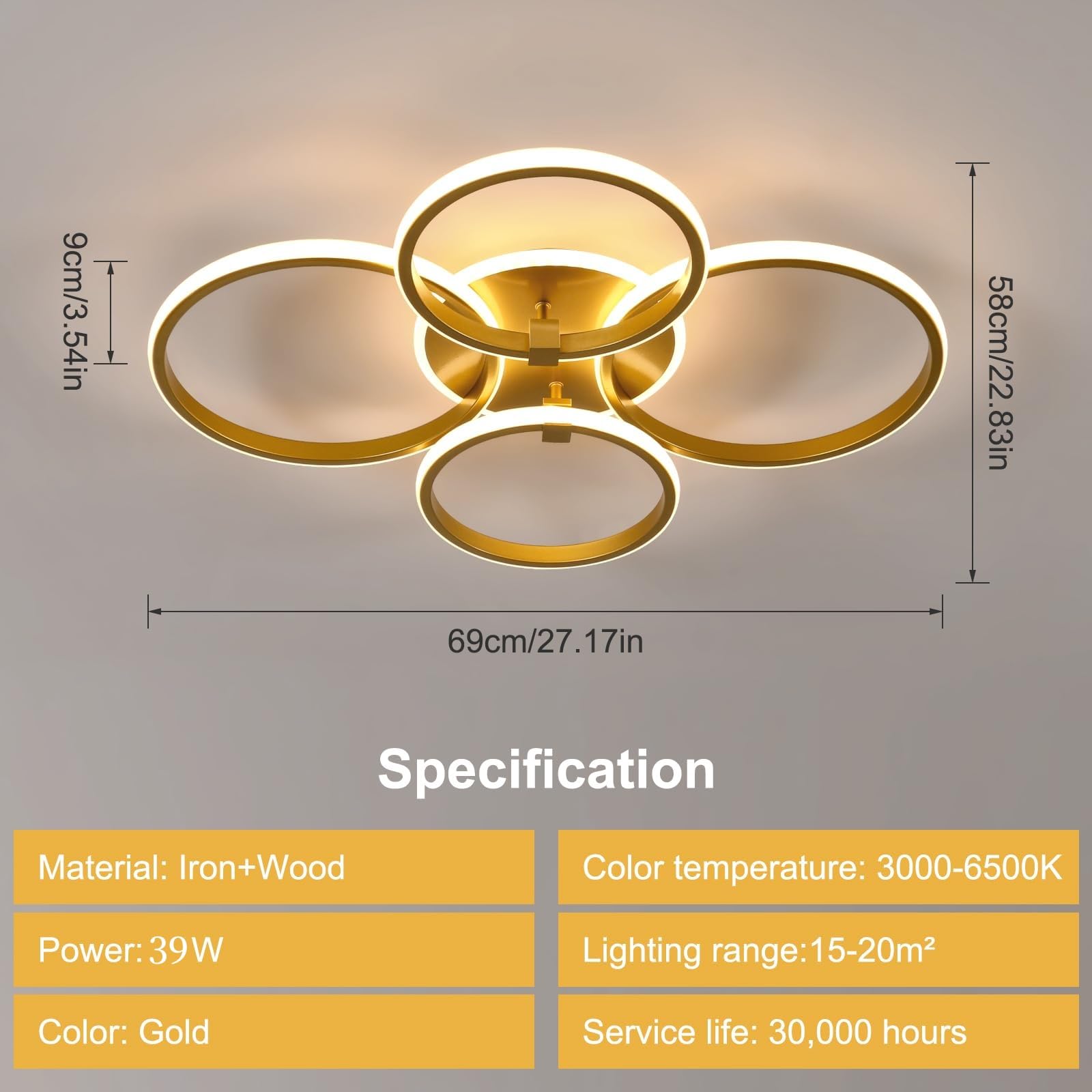 DELIPOP Plafoniera LED Dimmerabile 39W con Memoria e Telecomando, Oro | Lampada da Soffitto per Soggiorno Camera da Letto Sala da Pranzo Cucina