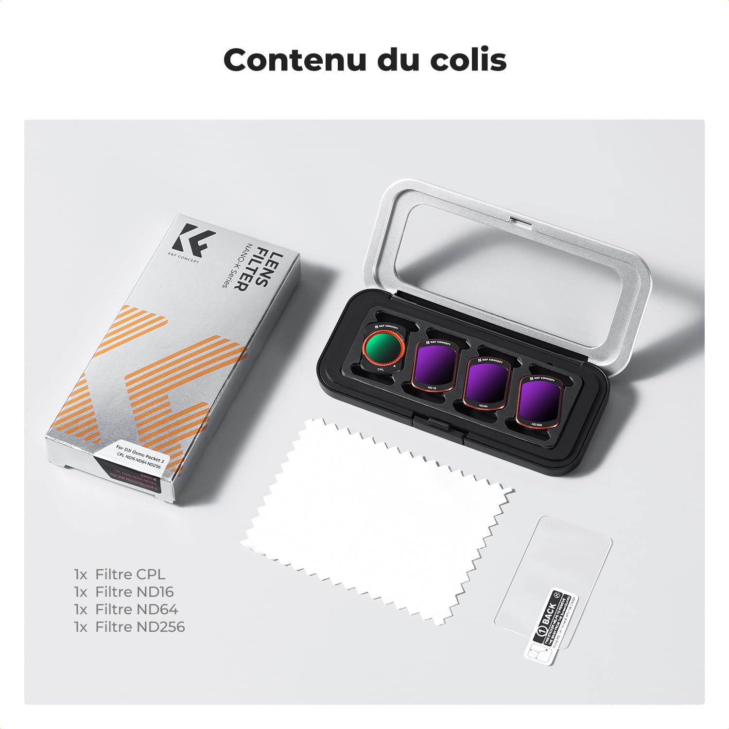 K&F CONCEPT FD161 Kit de filtres Compatible avec DJI OSMO Pocket 3/4, HD CPL ND16 ND64 ND256 Creator Combo Accessoires Magnétique Filtre polarisant à densité Neutre Verre Optique Cadre en Aluminium