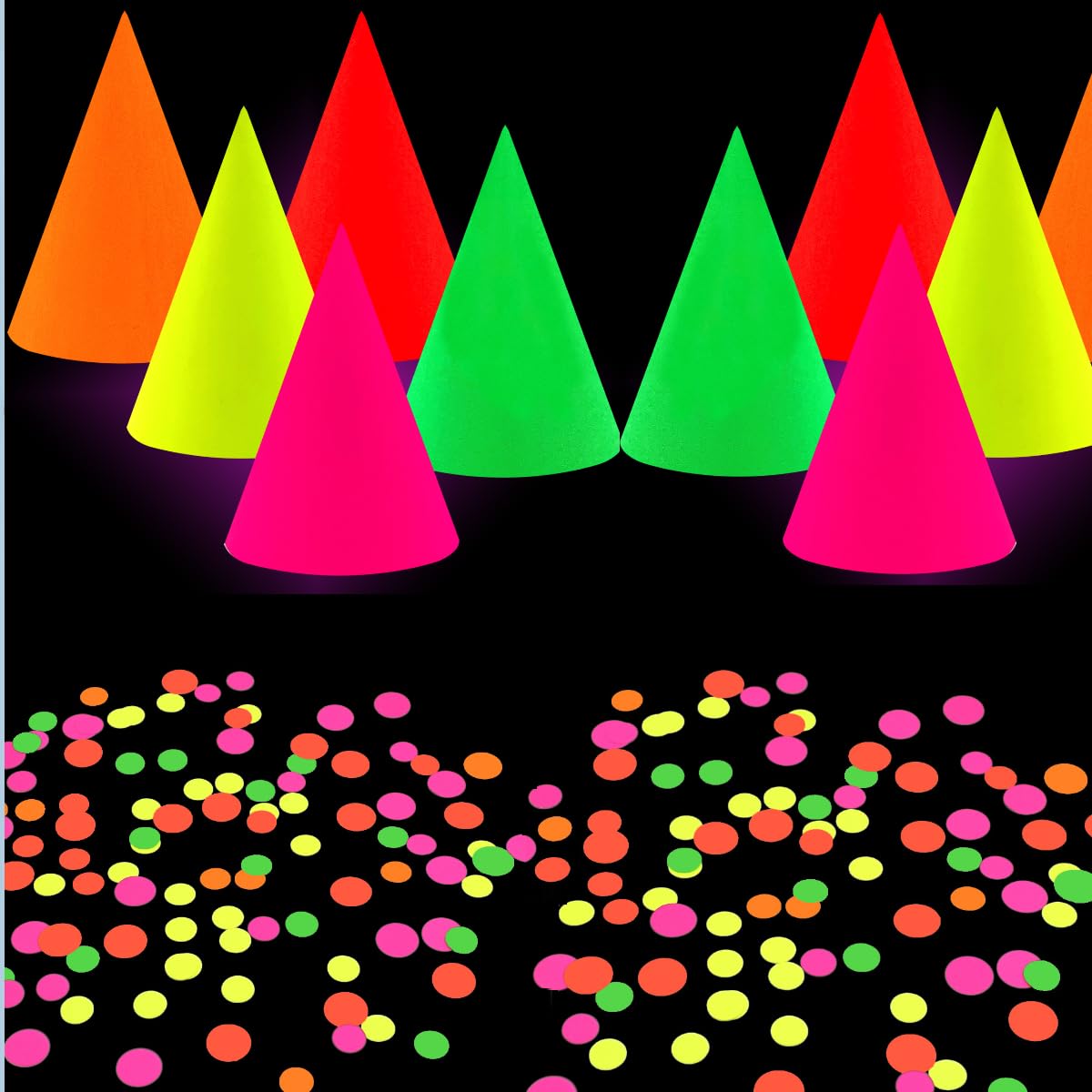 KARLOR Black Light Party Decoration, 10 Neon Party Hats + 50 g Fluorescent Round Confettion, Luminous Paper Decoration Glow Under UV Light Glow Party Accessories Disco Party UV Paper Party Hat