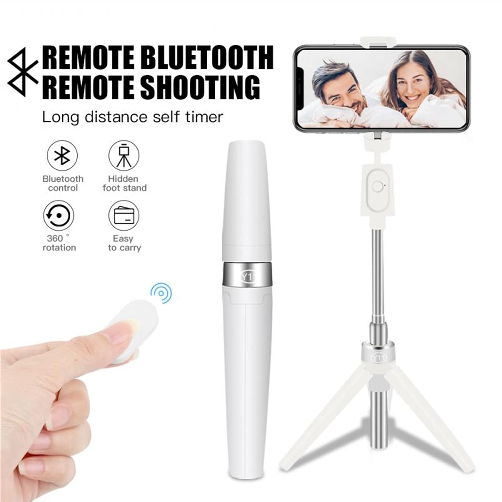 SCRUBY Bastone per selfie wireless Bluetooth 3 in 1 con treppiede, staffa pieghevole, design portatile, supporta il 98% dei telefoni cellulari (bianco Y9)
