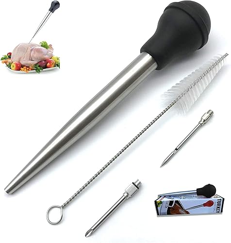 Baster - Jeringa de acero inoxidable para pavos con cepillo de limpieza e inyector de adobo, color negro