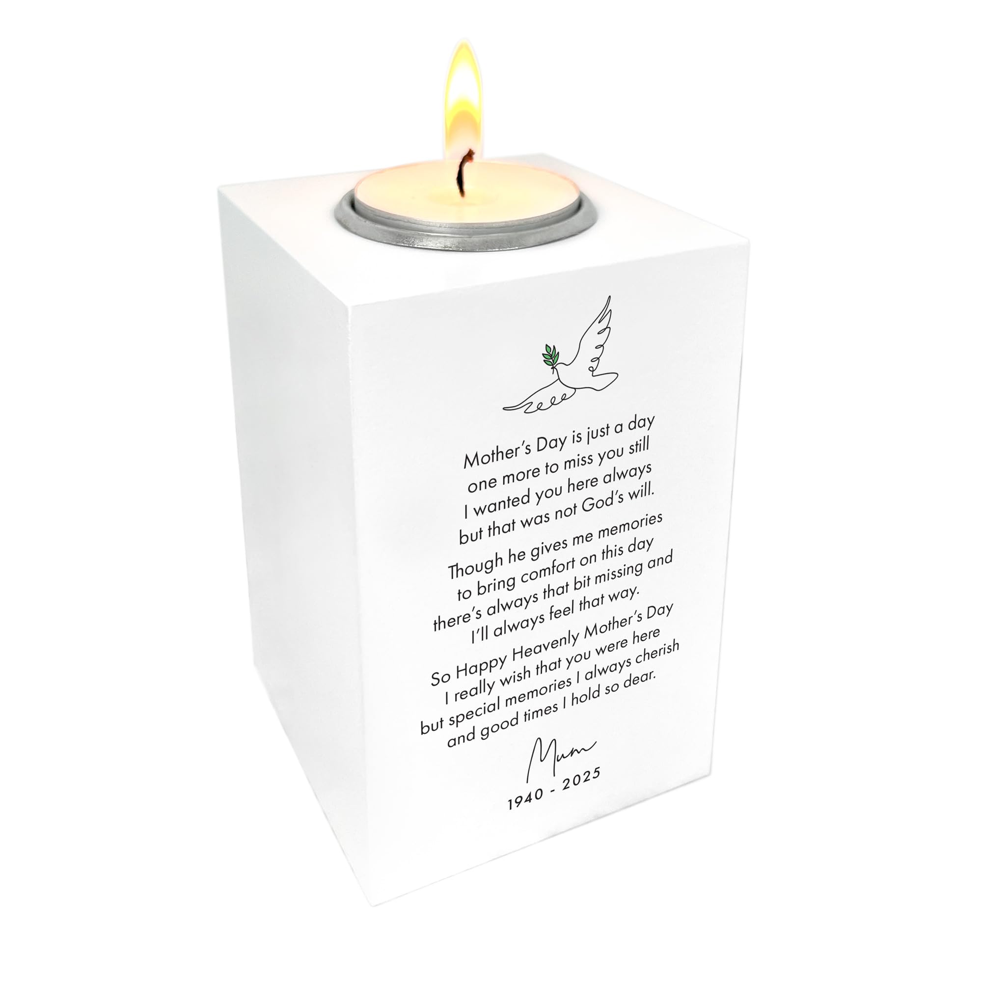 The Lovely Keepsake Company White Personalised "Happy Heavenly Mother's Day" Tea Light Holder - Custom Message | Remembrance Gift For Mum | Bereavement | W7cm X D7cm X H10cm