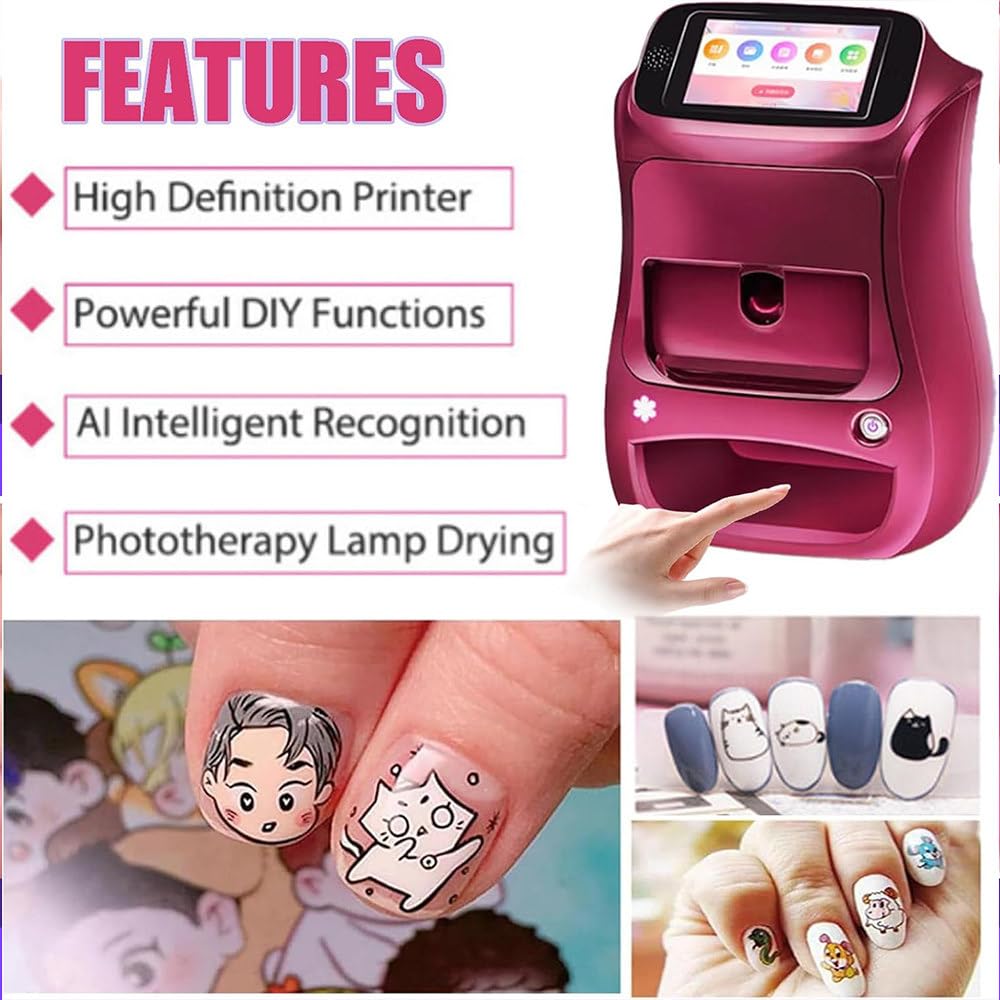 Stampante per nail art 3D - Macchina di progettazione digitale con oltre 800 immagini, wireless e automatica, funzionamento in 30 secondi, supporta WiFi e USB