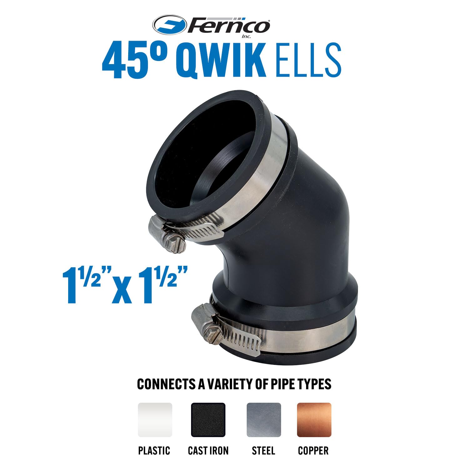 Fernco Qwik Ell Raccord coudé en PVC flexible à 45° pour Sch. 40, ABS, fonte DWV, noir