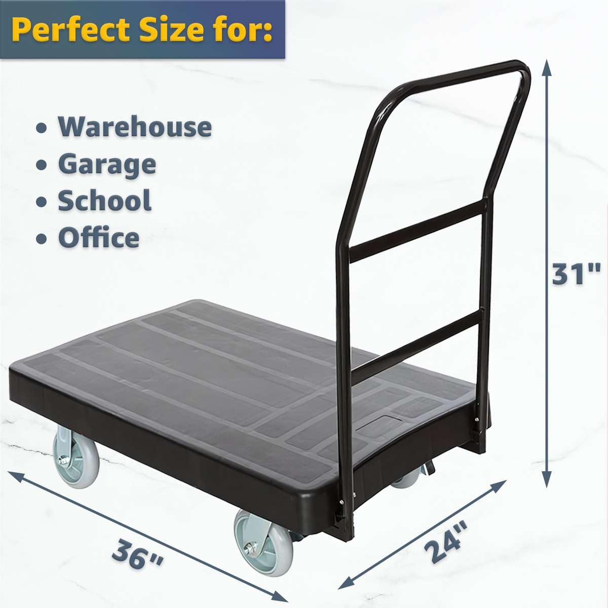 Wózek platformowy 91,4 cm x 61 cm, wytrzymały, plastikowy wózek z ergonomicznym uchwytem, nośność 113 kg, niebrudzące kółka z hamulcami, trwały wózek do magazynu, biura lub szkoły