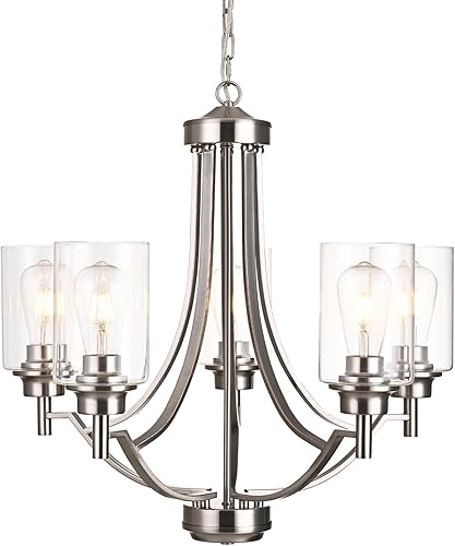 BOZO Candelabro de cristal de 5 luces de níquel cepillado, accesorios de iluminación modernos para comedor, colgante de iluminación colgante, luces