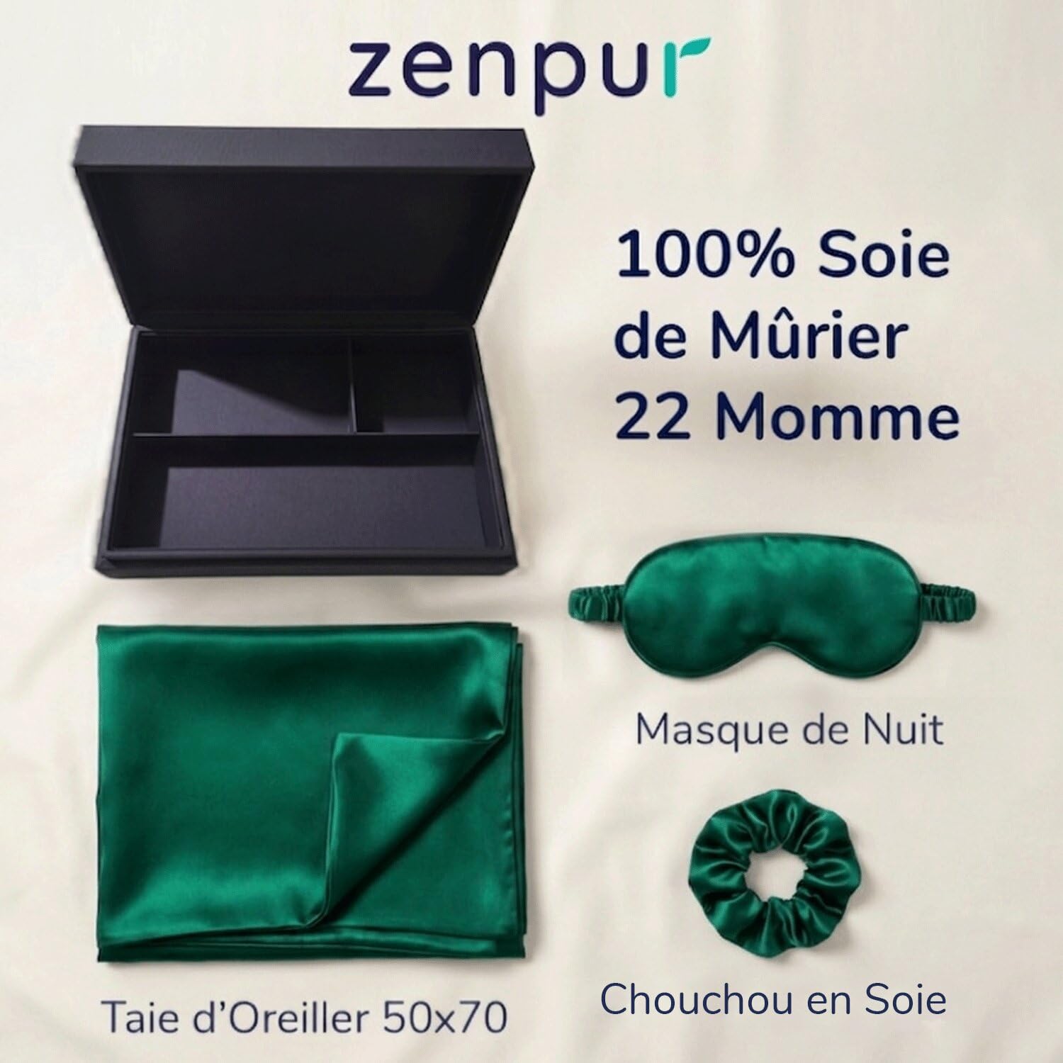 Coffret Cadeau Soie 100% Mulberry 22mm Taie 50x70 + Masque + Chouchou Vert