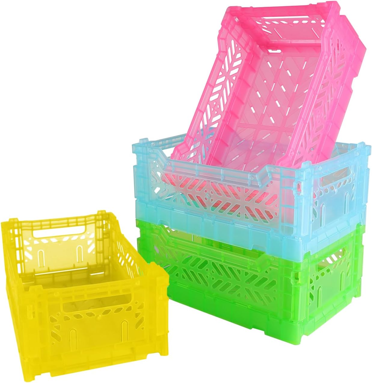 4Pack Pastel Plastic Storage Crates and Baskets, Collapsible Crates for Organizing, 4L Space Saving Bins for Classroom, Kitchen, Office, Bedroom,Desk Organizer. (Mix Colors)