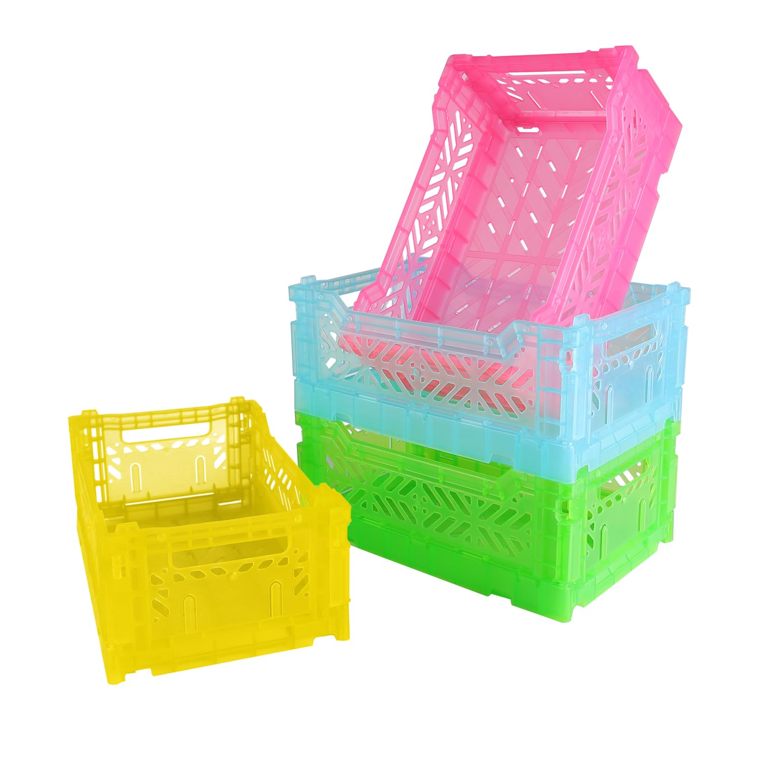 PTEREIW 4Pack Pastel Plastic Storage Crates and Baskets, Collapsible Crates for Organizing, 4L Space Saving Bins for Classroom, Kitchen, Office,