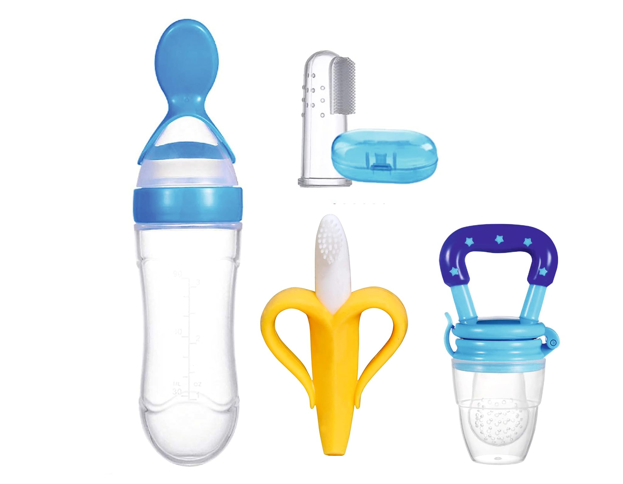 Baby Silicone Feeding & Teething Set | Soft BPA-Free Food & Fruit Feeder Pacifier Nibbler, Banana Teether & Infant Toothbrush, Finger Brush with Case, Squeezy Feeder Spoon Bottle (90ml) for 3–12 Months (Pack 4)