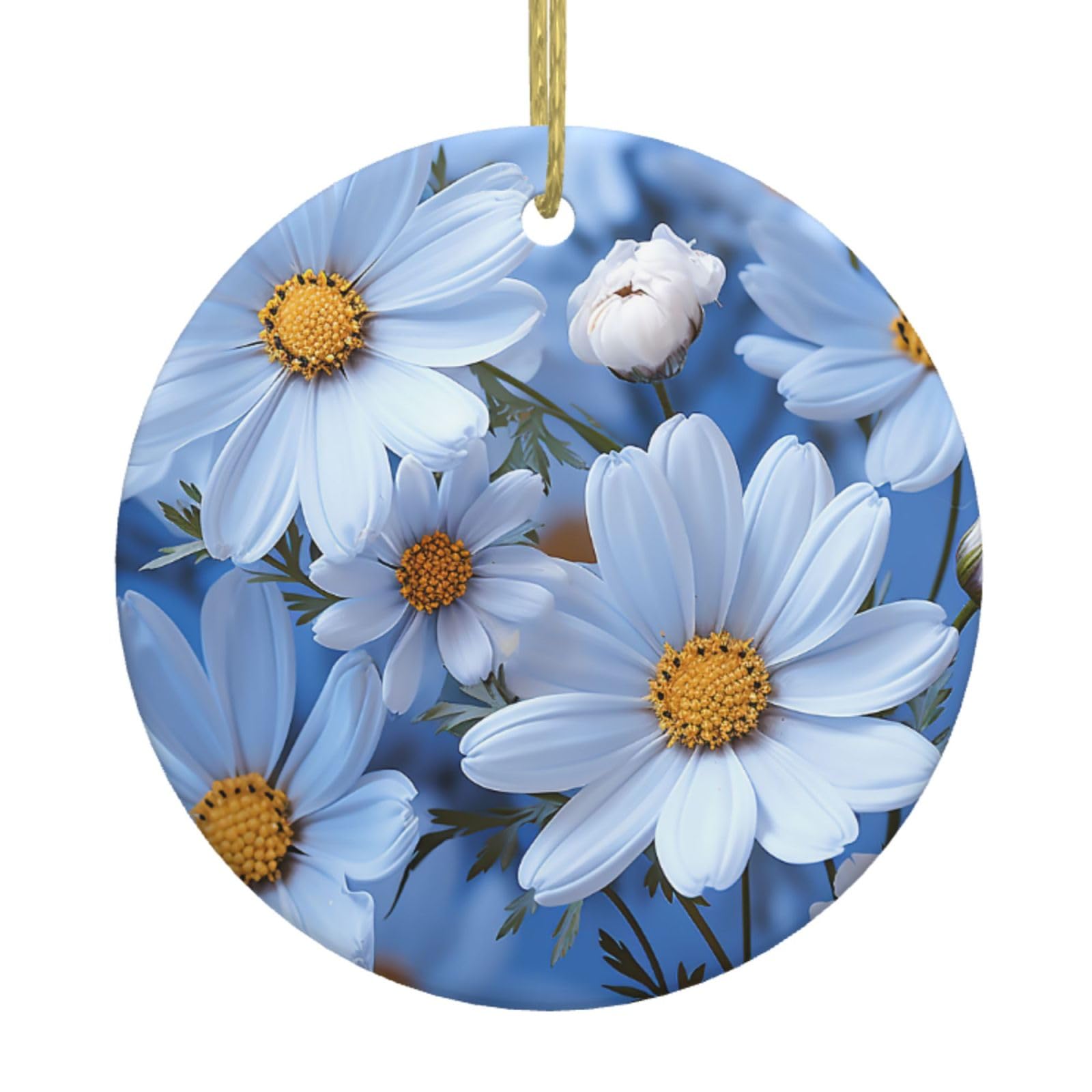 Fodpand Women's White Daisy Blue Christmas Ornaments 2025, Gift Exchange For Men, Collectible Ceramic Ornament Round Hanging Ornaments For Christmas Tree Decoration