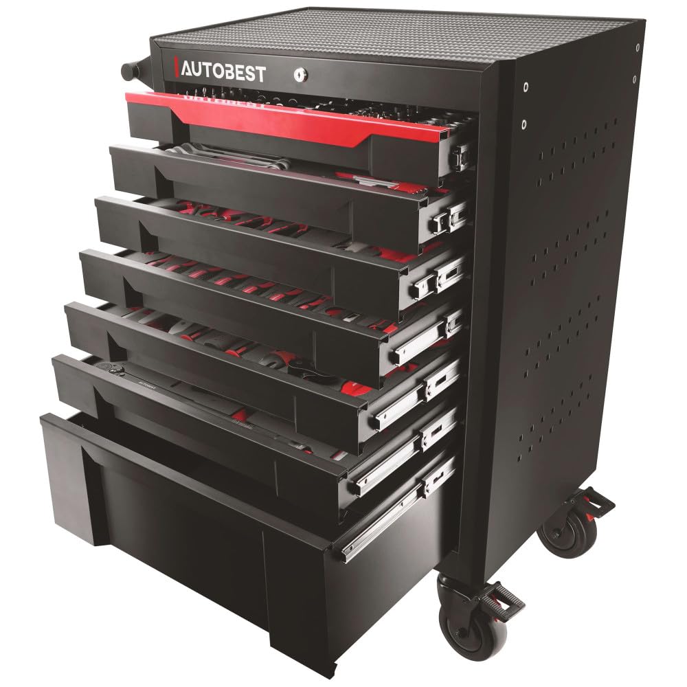 Servante 7 tiroirs équipée 328 outils Autobest - Capacité 30 kg par tiroir - 2 roues fixes - 2 roues avec freins