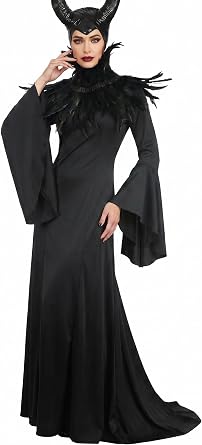UQJE Black Gothic Witch Costume for Women, Halloween Dress with Feather Shawl and Horn Headpiece