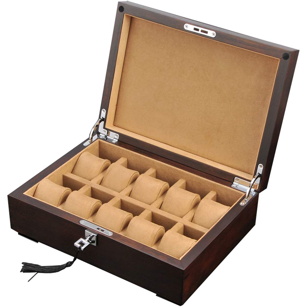 HVMBEUGOS Glass Lid 10 Watch Box Elm Wood Jewellery Display Storage Case Bracelet Tray with Metal Clasp and 10 Removal Storage Pillows
