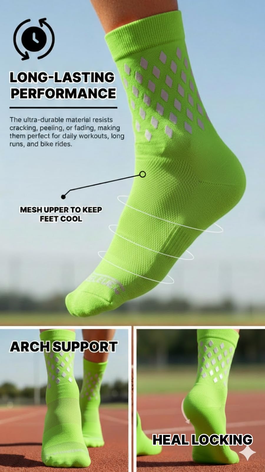 Calcetines reflectantes de ciclismo y correr - Equipo de running de seguridad nocturna, Amarillo-ventilado-3 pares, Large