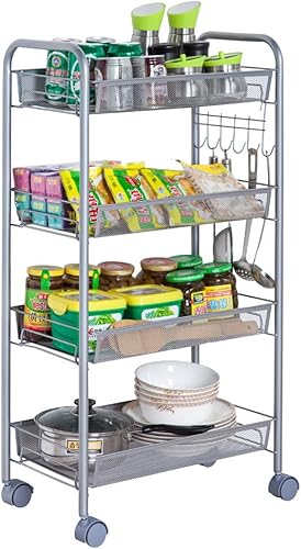 Carrito con ruedas de 4 niveles multifuncional, carrito de almacenamiento de malla, estante de escalera de panal de abeja, estante extraíble para