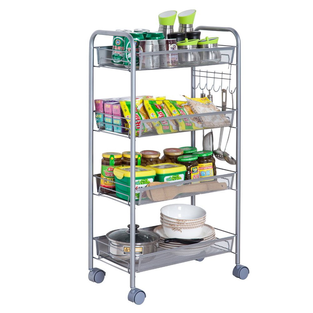 Goujxcy 4 Tier Wire Mesh Metal Rolling Cart Kitchen Storage Cart Multifunction Utility Steel Wire Basket Shelving Trolley for Kitchen Office Bedroom Bathroom Washroom