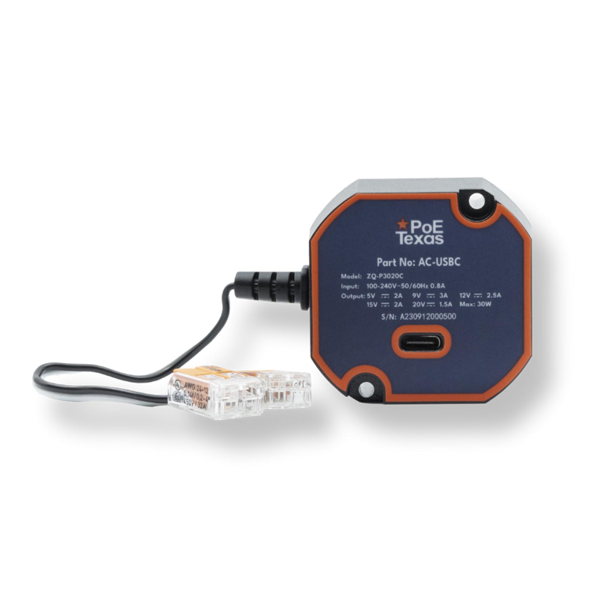 PoE Texas in-Wall AC to USB-C Power Adapter - Max Output 30W, Charger for USB-C Devices with Power Profiles from 5-20V - Compact Design, Flush Wall