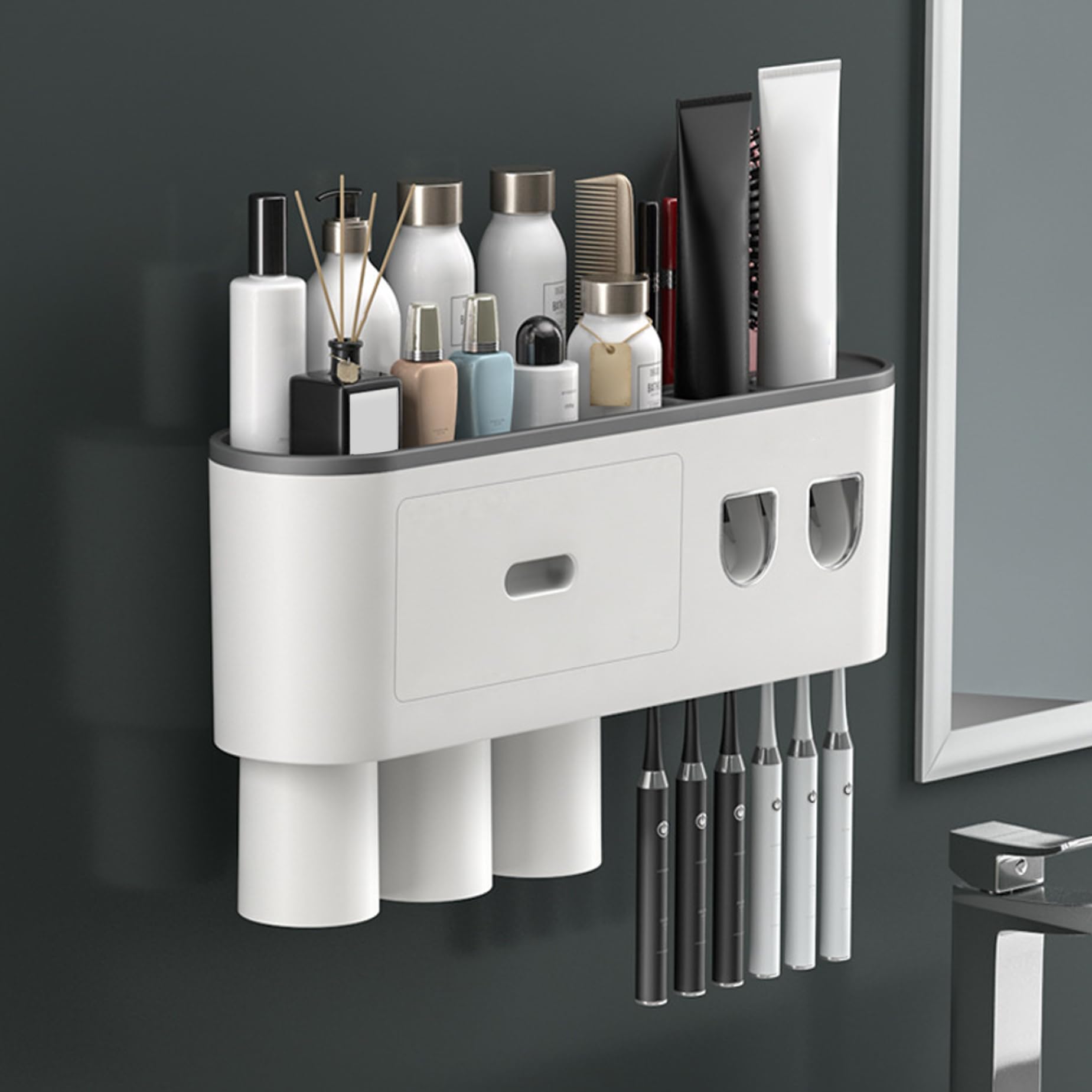 Dispenser automatico di dentifricio con 3 tazze, portaspazzolino da parete senza trapano Organizzatore da bagno, ripiano in ABS Portaspazzolino grigio Supporti elettrici Dispenser automatico da p
