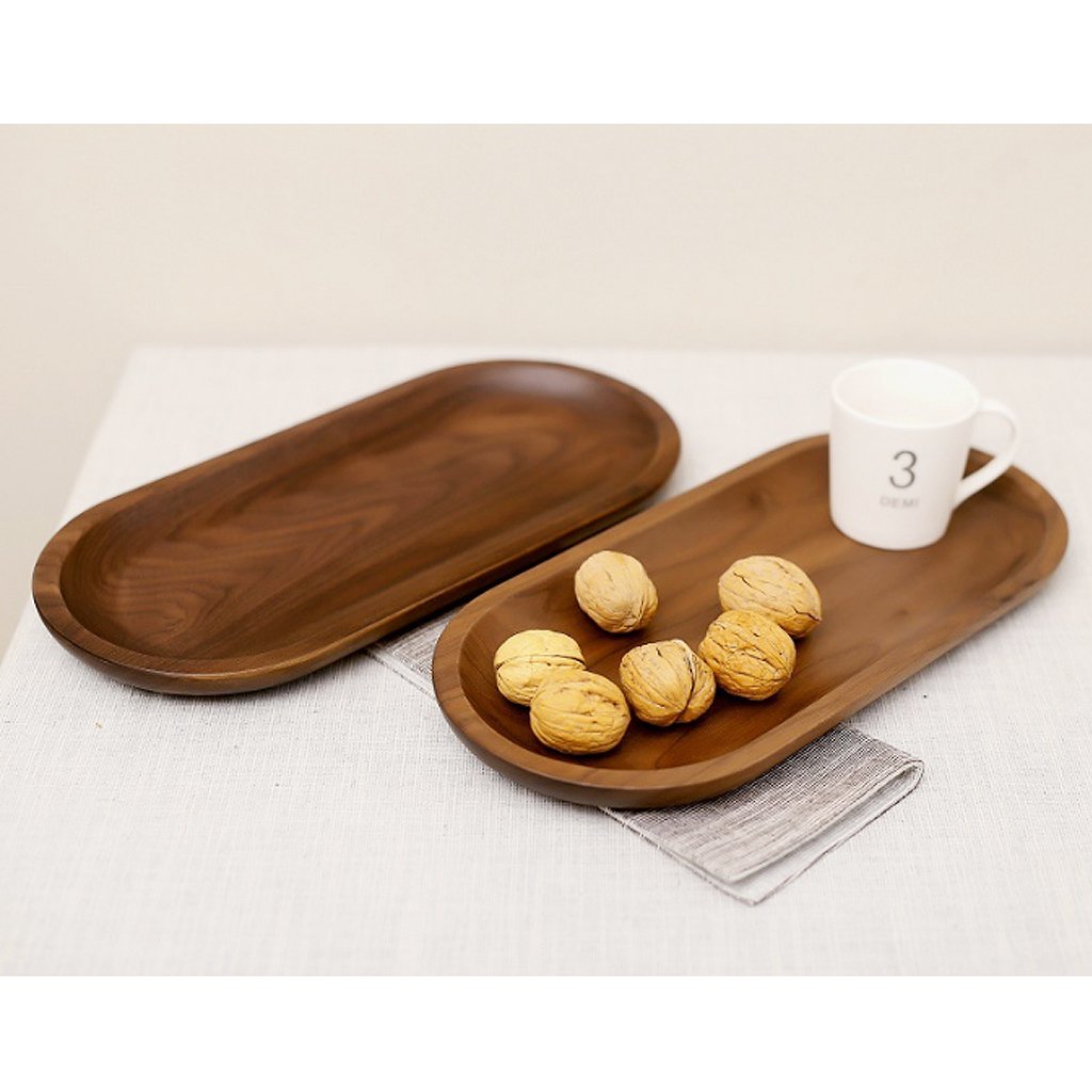 Plateau de service en bois massif décoratifs, plateaux, servir les plats pour la nourriture Fruits Thé café Vin de qualité premium, respectueux de l'environnement, forme ovale – Noyer Noir Large