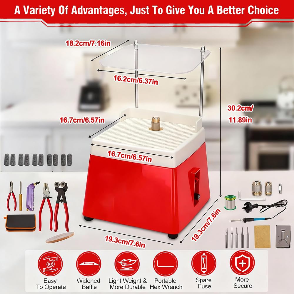 Ponceuse à Verre Portable,220V,65W,4200 tr/min,avec Fonction d'Aspiration Automatique,Protecteur Transparent,2 Têtes Meuleuses Interchangeables et Accessoires de 34 pcs pour Verre et Céramique (Rouge)