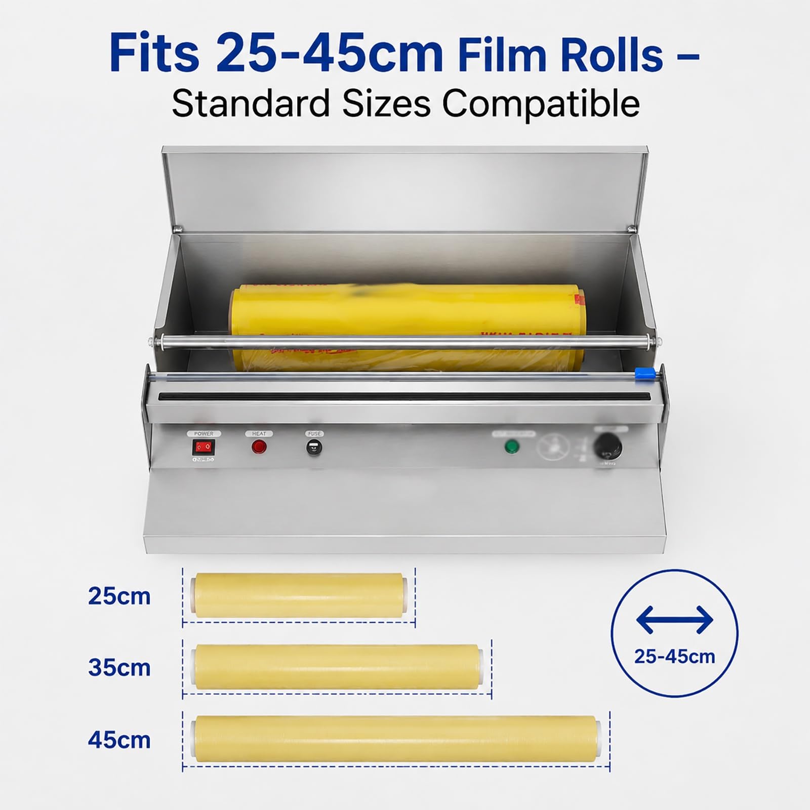 Machine d'emballage pour film étirable, manuel et électrique avec chauffe rapide et découpeur intégré pour films de 25 à 45 cm de largeur, idéale pour la conservation des fruits et légumes