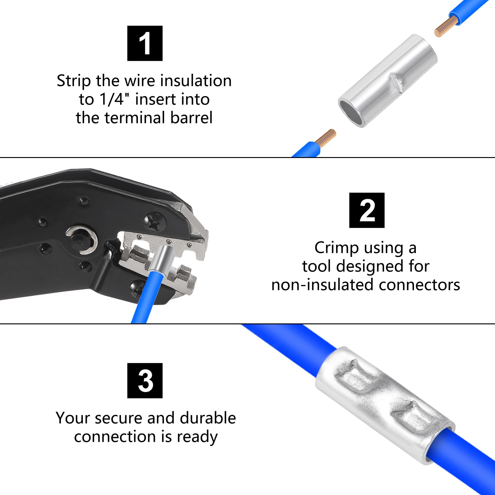 100 Pack 12-10 AWG Seamless Non Insulated Butt Connector Terminals