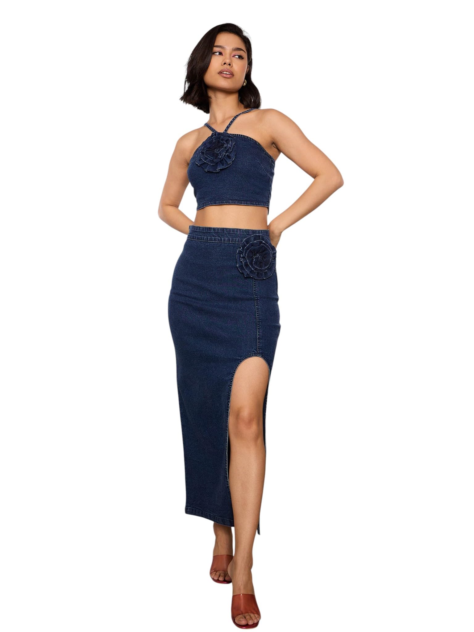 Women's Washed Denim Corsage Crop Top with Skirt-image-39