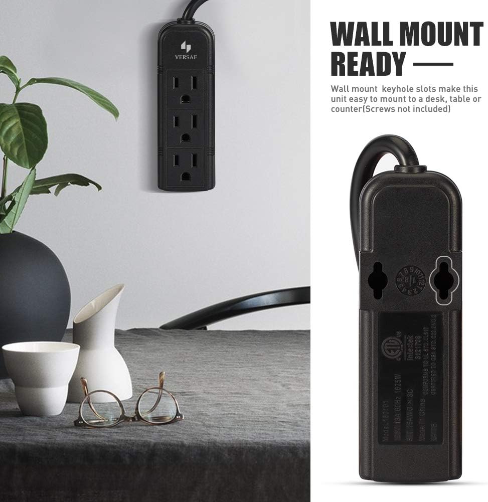 Mini 3-Outlet Power Strip, 1 Ft Braided Short Extension Cord, Small Black Outlet Strip, 3-Prong Grounded Plug, No Surge, Wall Mountable for Home, Office & Dorm Essentials, ETL Listed (13A/125V/1625W)