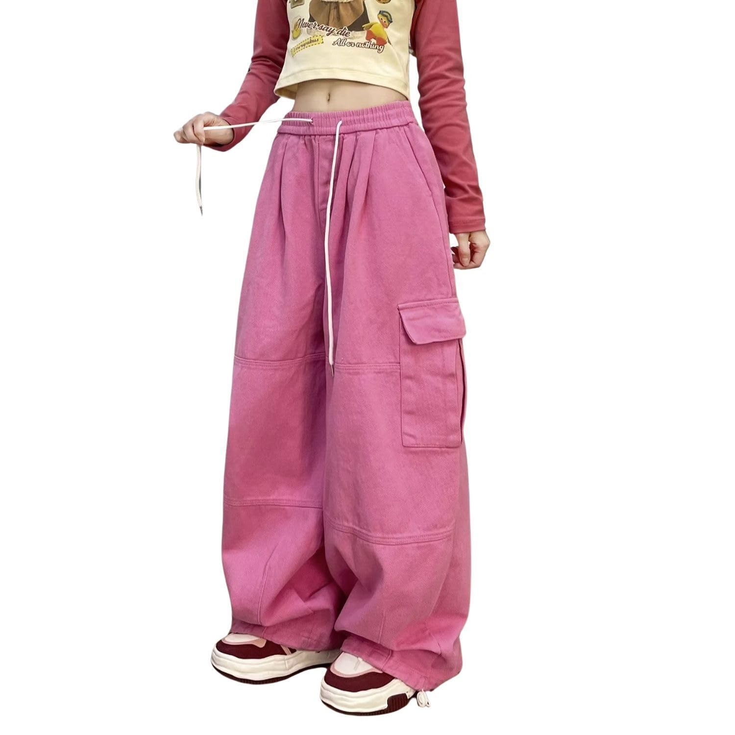 PEAINJ Baggy Cargo Pants for Women Men Y2k Wide Leg Sweatpants High Waisted Drawstring Pants Hip Hop Clothes: Style3 Large