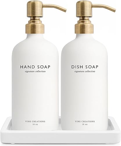 Vine Creations Juego de dispensador de jabón de vidrio, juego de dispensador de jabón de cocina con bandeja de cerámica, juego de dispensador de