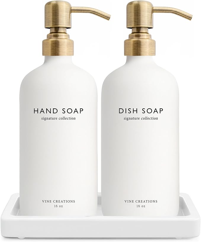 Vine Creations Glass Soap Dispenser Set, Kitchen Soap Dispenser Set with Ceramic Tray, 16 oz Dish Soap and Hand Soap Dispensers with Stainless Steel Pump Decor (White Bottle/Silver)