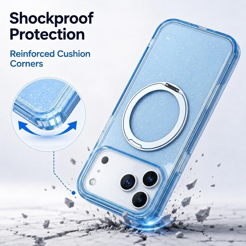 for iPhone 18 Pro Max Case with 360 Magnetic Stand Glitter Blue image 5