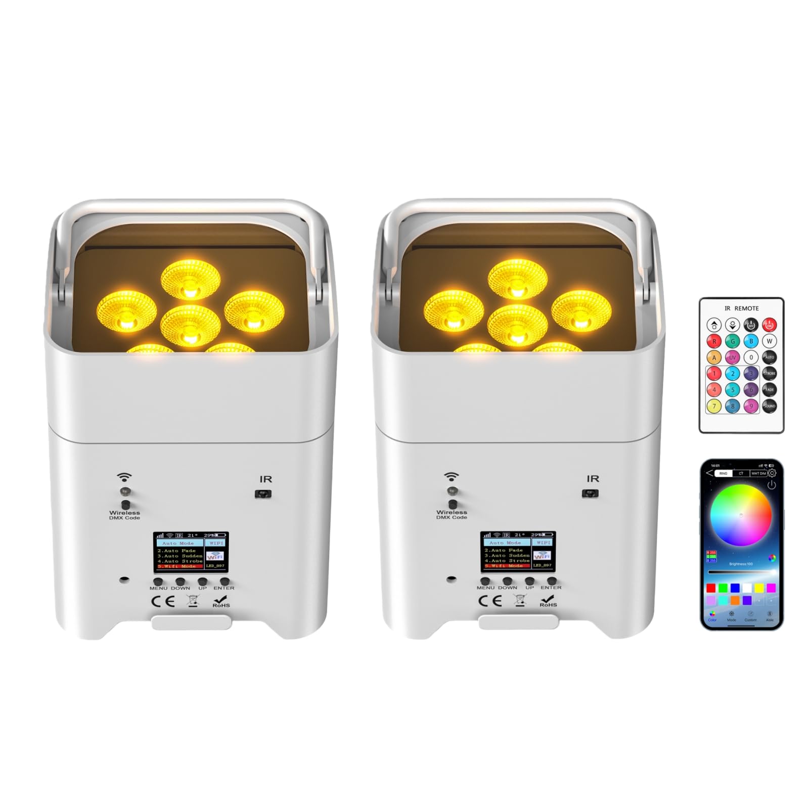 2PCS 108W App Wiederaufladbarer Bühnenlicht Akku, 9600mAh RGBWA+UV LED Par Akku Strahler mit Fernbedienung/DMX Uplight für Party Outdoor Bühne Hochzeit Halloween Weihnachten
