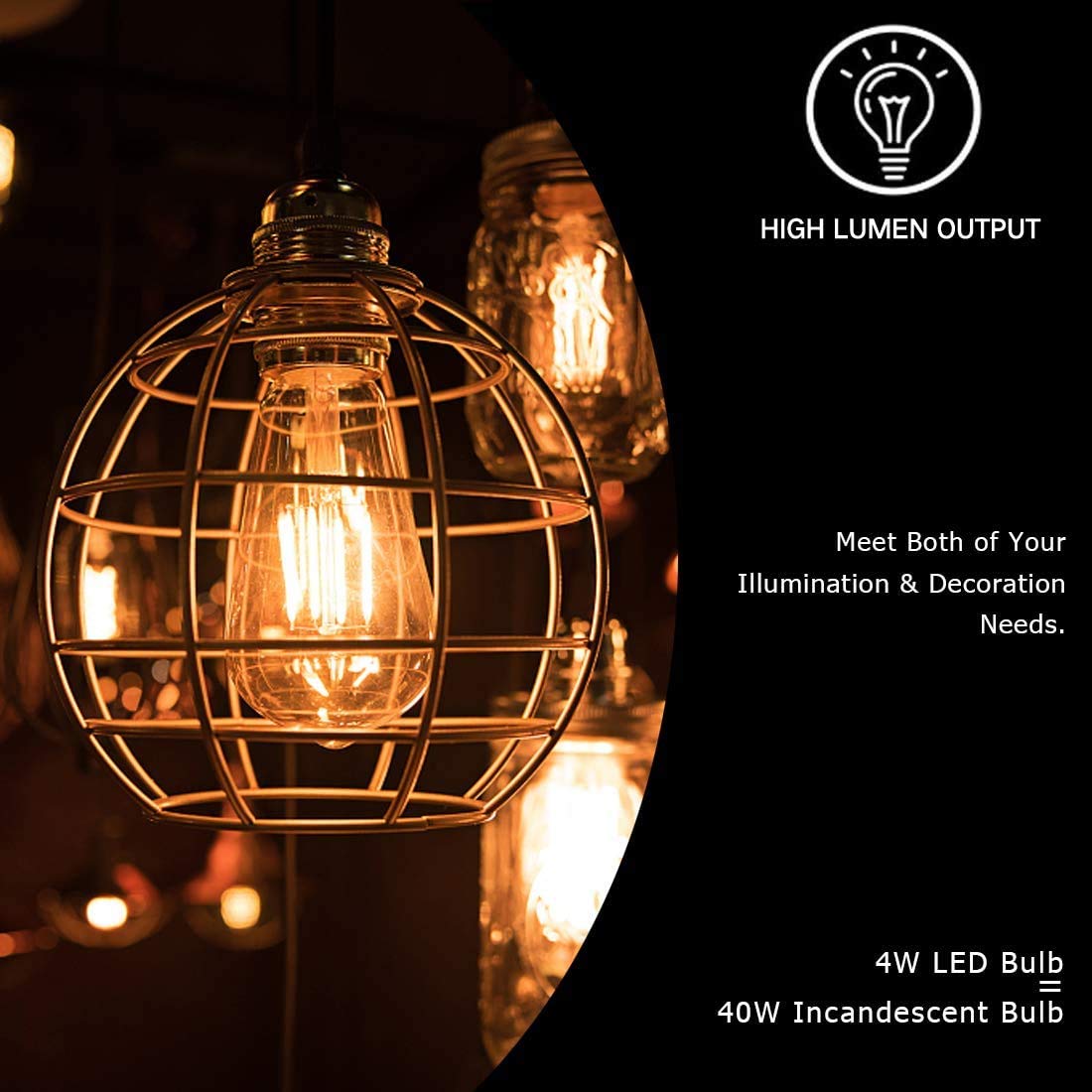Kooywan Lampadina LED Edison Ambra calda 2700K Lampadine a filamento stile vintage antico, Bianco caldo, 40W Equivalente E27 Base confezione da 6