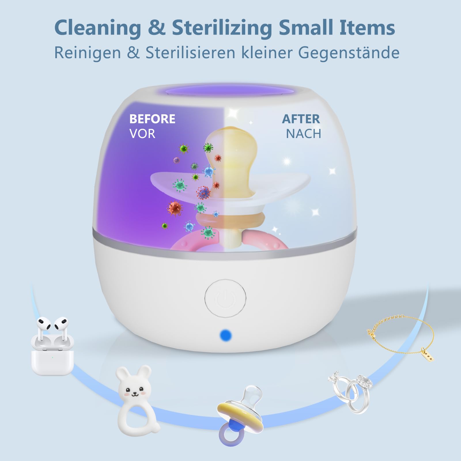 Disinfettante portatile per ciuccio, scatola disinfettante a luce UV, 99,99% pulito in 3 minuti, durata della batteria 180 min, ricaricabile USB, disinfettante per ciuccio per bambini in
