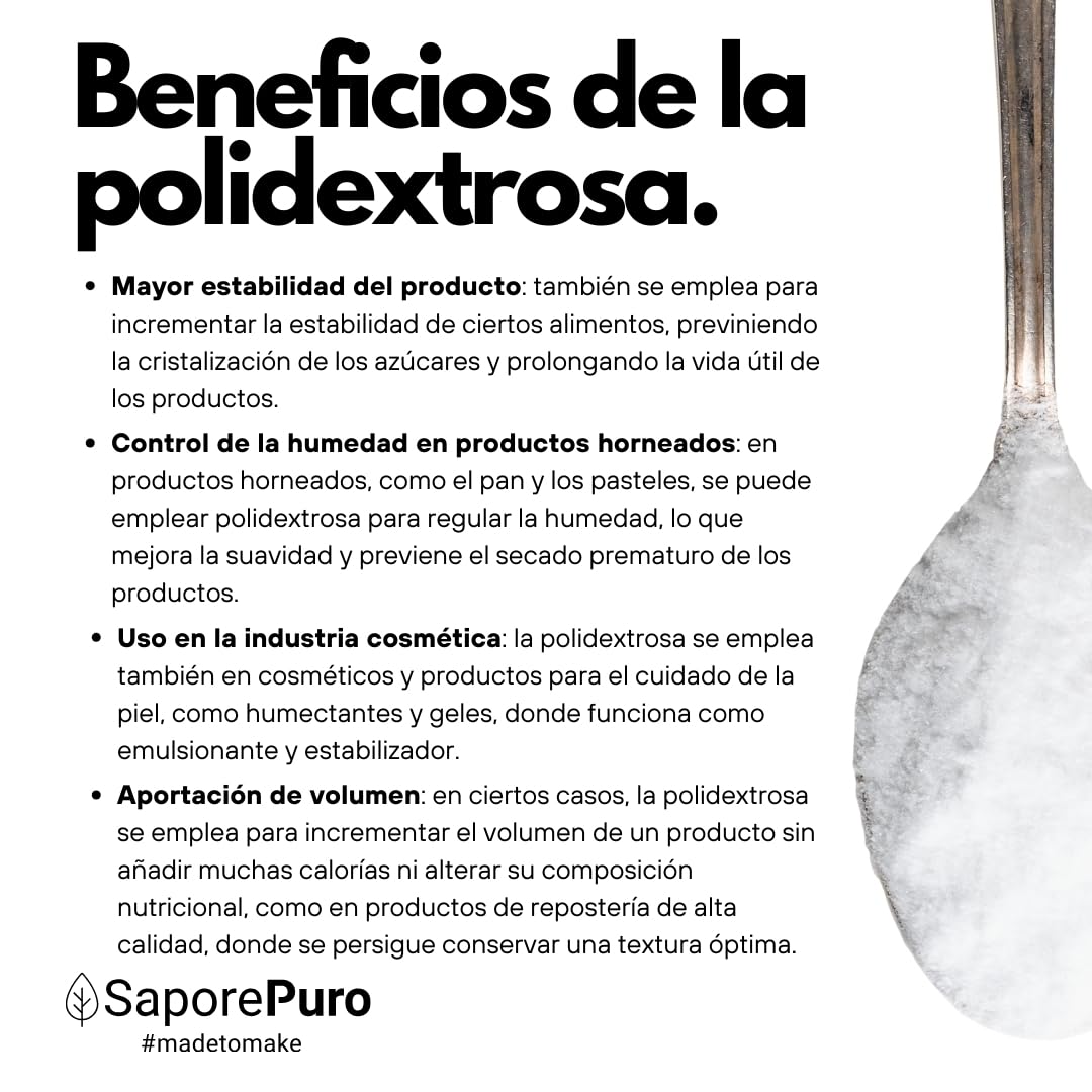 SaporePuro Polidextrosa en polvo 1 kg – Fibra alimentaria soluble – Bajo en calorías, espesante y estabilizante, ideal para helados, postres, productos de repostería y bebidas
