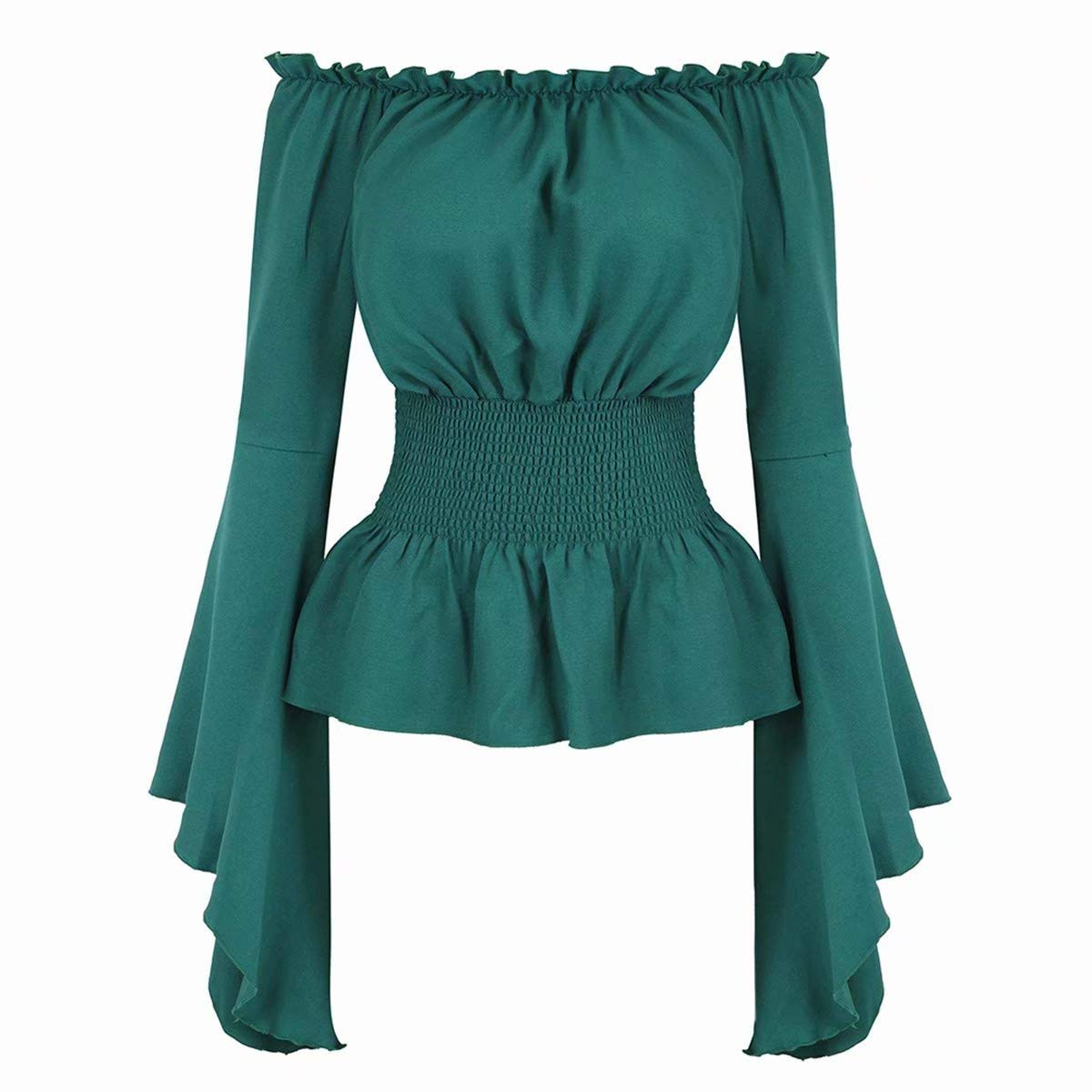 jutrisujo Womens Renaissance Pirate Shirt Ruffled Tops Medieval Long Sleeve Off The Shoulder Gothic Peasant Blouse Smocked Boho Green XXS