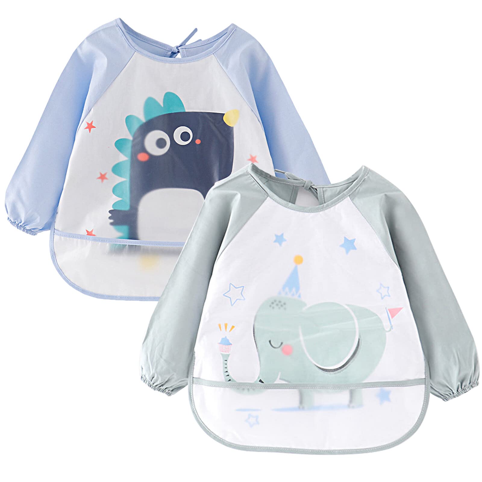 tablier bebe pour manger, bavoirs, 2 paquets de bavoirs imperméables à manches longues pour bébés avec pochette pour attraper les aliments, tablier nettoyable pour bébés de 2-4 ans,bleu et vert