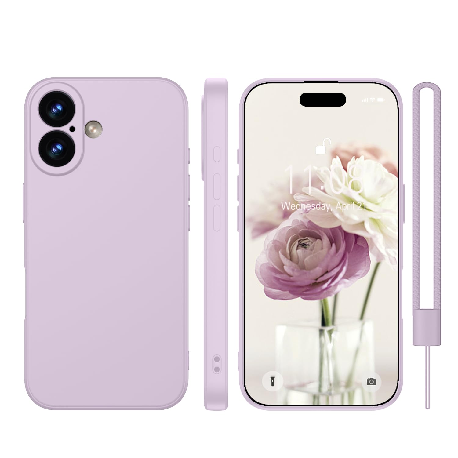Coque silicone iPhone 16 violette avec dragonne et protection camera - 7