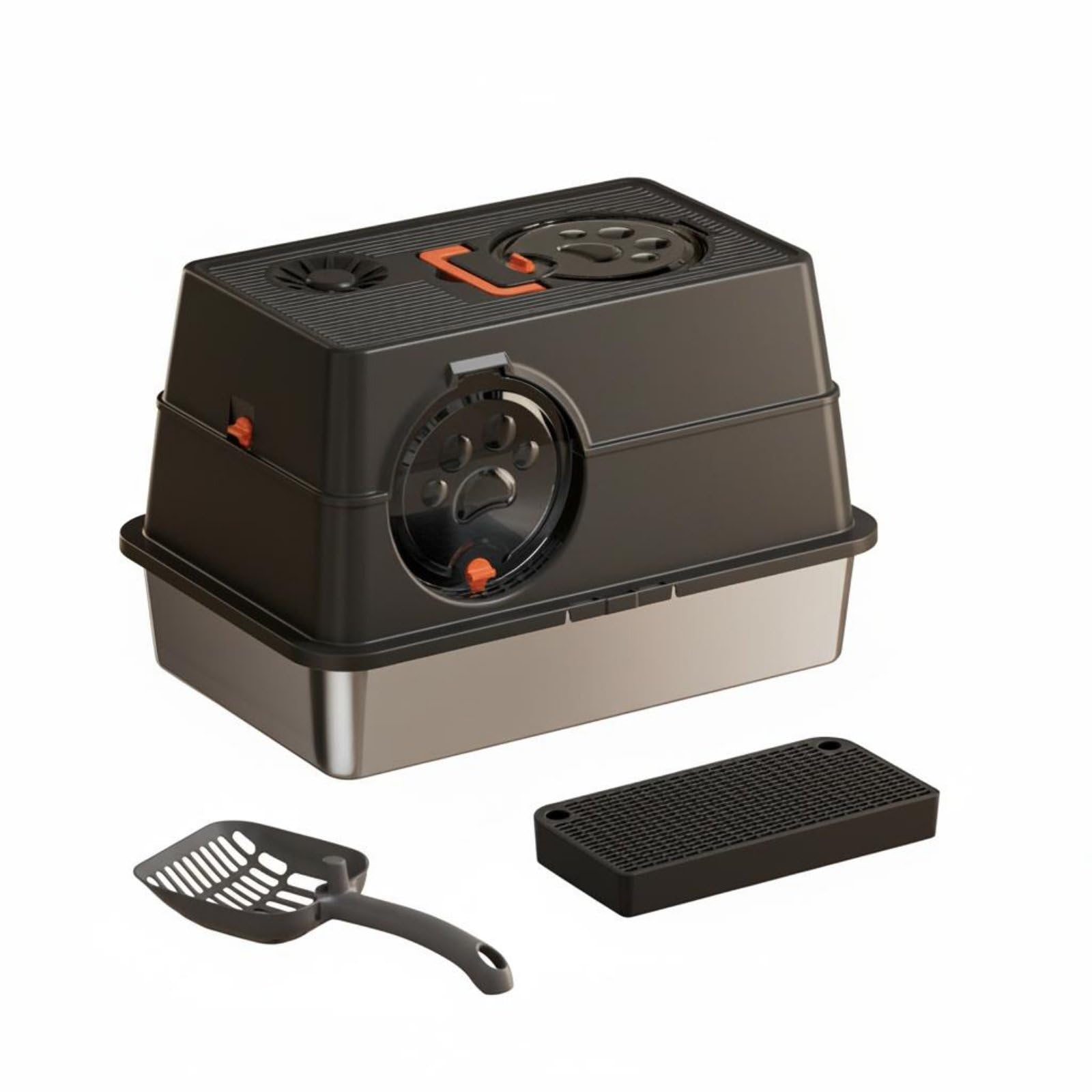 Caja de Arena para Gatos Contenedor de Arena Bandeja Arenero Acero Inoxidable con Tapa Envolvente y Compartimento Antiolor Superficie Suave Que No, Negro