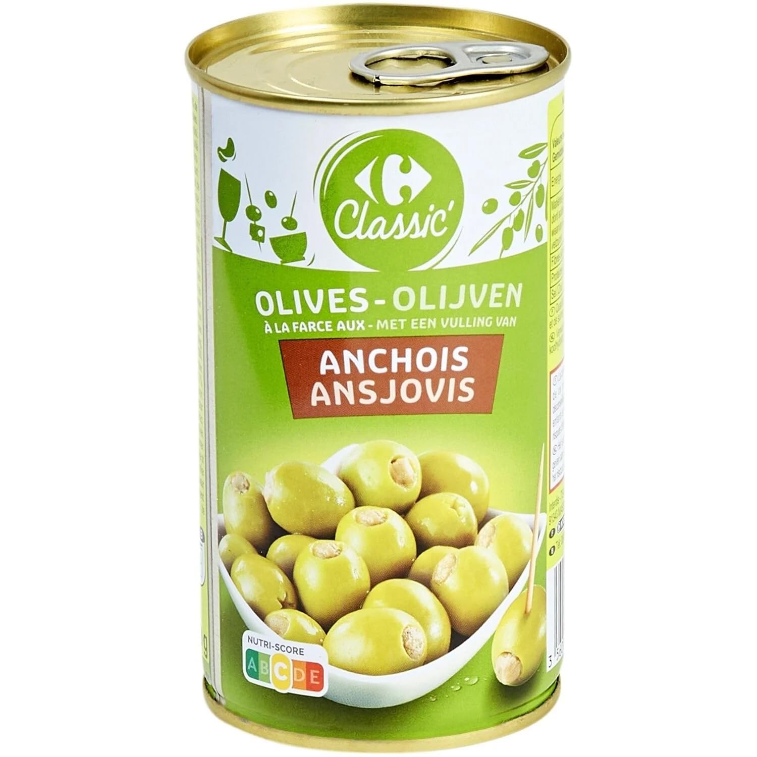 CARREFOUR CLASSIC' - Olives Vertes Manzanilla Farcies aux Anchois - Olives Pasteurisées - la boite de 150g net égoutté - 350g - Le Lot De 4