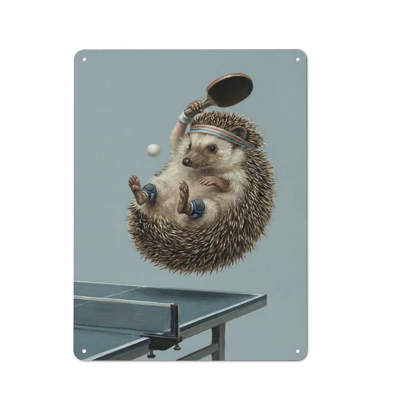 Junmoney Style-24 Workshop Style Garage Metal Sign 40X30cm Featuring Hedgehog Playing Table Tennis Illustration, Industrial Wall Art For Garage, Hobby Room, Office Or Man Cave