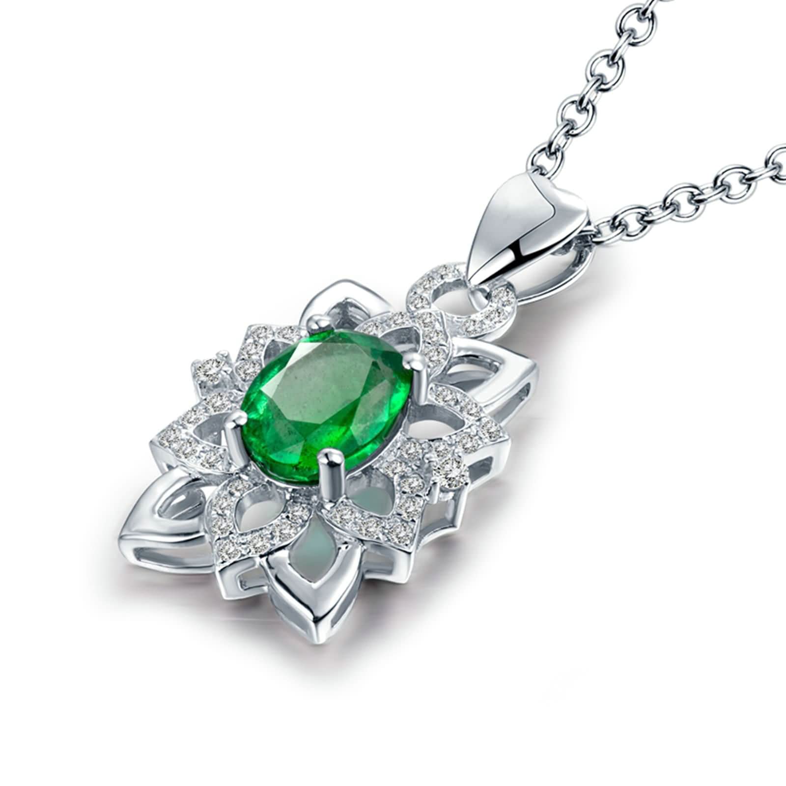 Delicado collar para mujer, 1,3 quilates creado en laboratorio, esmeralda ovalada y forma de flor con circonita cúbica de 0,23 quilates, oro de 18 quilates/plata de ley 925, collares con colgante para