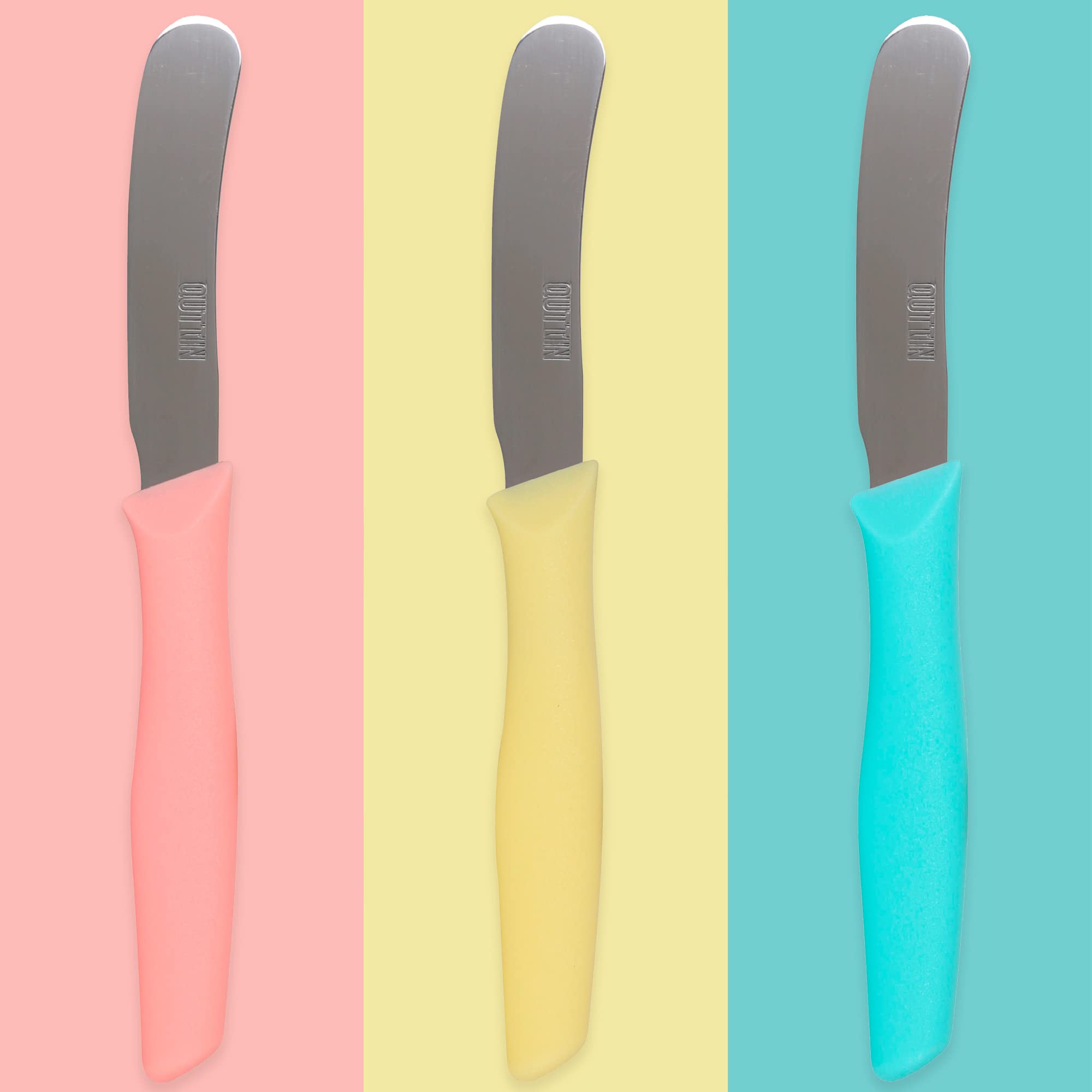 Quttin Cuchillo Untar Mantequilla Set de 3 Piezas. Ligero y Manejable con Hoja Afilada, Higiénico y Resistente. Mango Polipropileno en 3 Colores. Modelo Samba