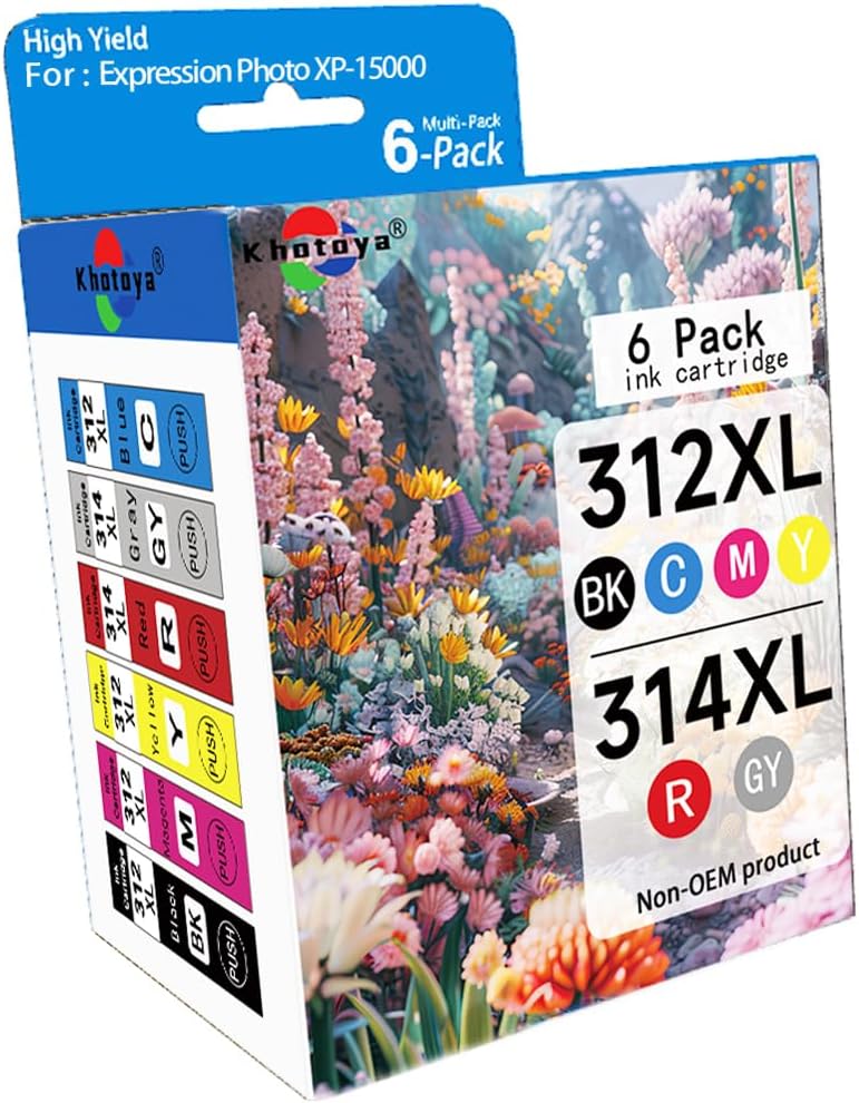 312XL 314XL Ink Cartridges (6-Pack) Compatible Replacement for Expression Photo XP-15000 Printer(1Black,1 Cyan,1 Magenta,1 Yellow,1 Red,1 Gray)