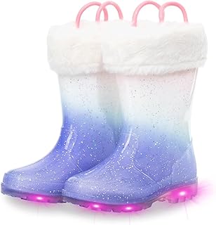 EUXTERPA Kids Wellies with Warm Fuzzy Lining, Light Up Glitter Winter Boots for Girls Boys, Handle it Easy on Wellington Waterproof Palying Boots
