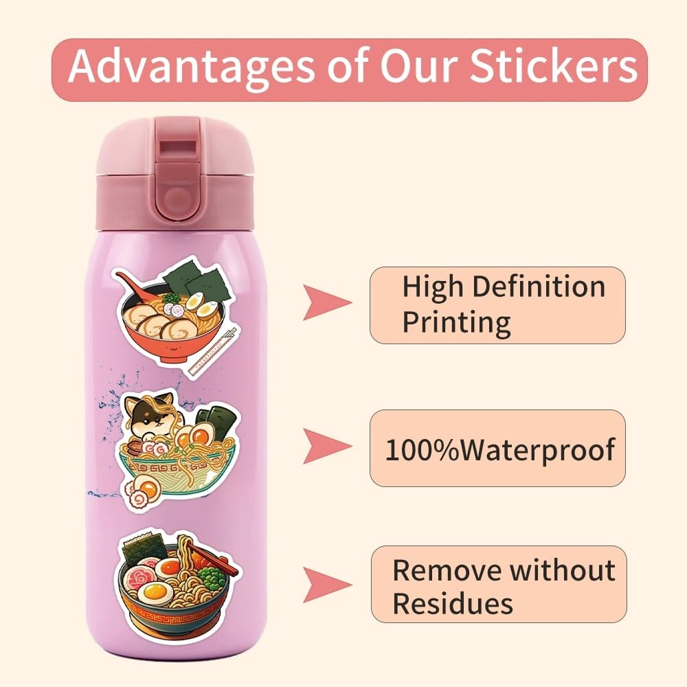 50 Pcs Ramen Stickers for Water Bottle Waterproof Sticker for Laptop Skateboard Phone Car Decals for Teens Adults for Party Favors Supplies Decor (Ramen Stickers) - Image 4