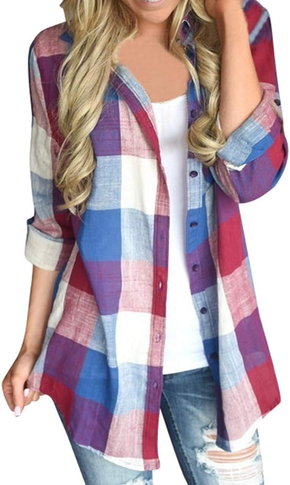 Lazzboy WomenLazzboy Shirt Tops Womens Colourful Checked Tartan Long Sleeve Button Size 8-22 Oversized Ladies Loose Blouse Plus Size