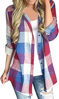 Mujeres Casual Color a juego de manga larga botón suelto a cuadros camisa blusa top mujer blusa manga larga blanco